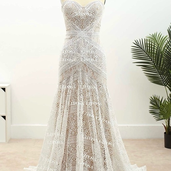 LIPOSA Bohemian Wedding Dress Sweetheart Mermaid Lace Bridal Gown - Picture 11 of 17